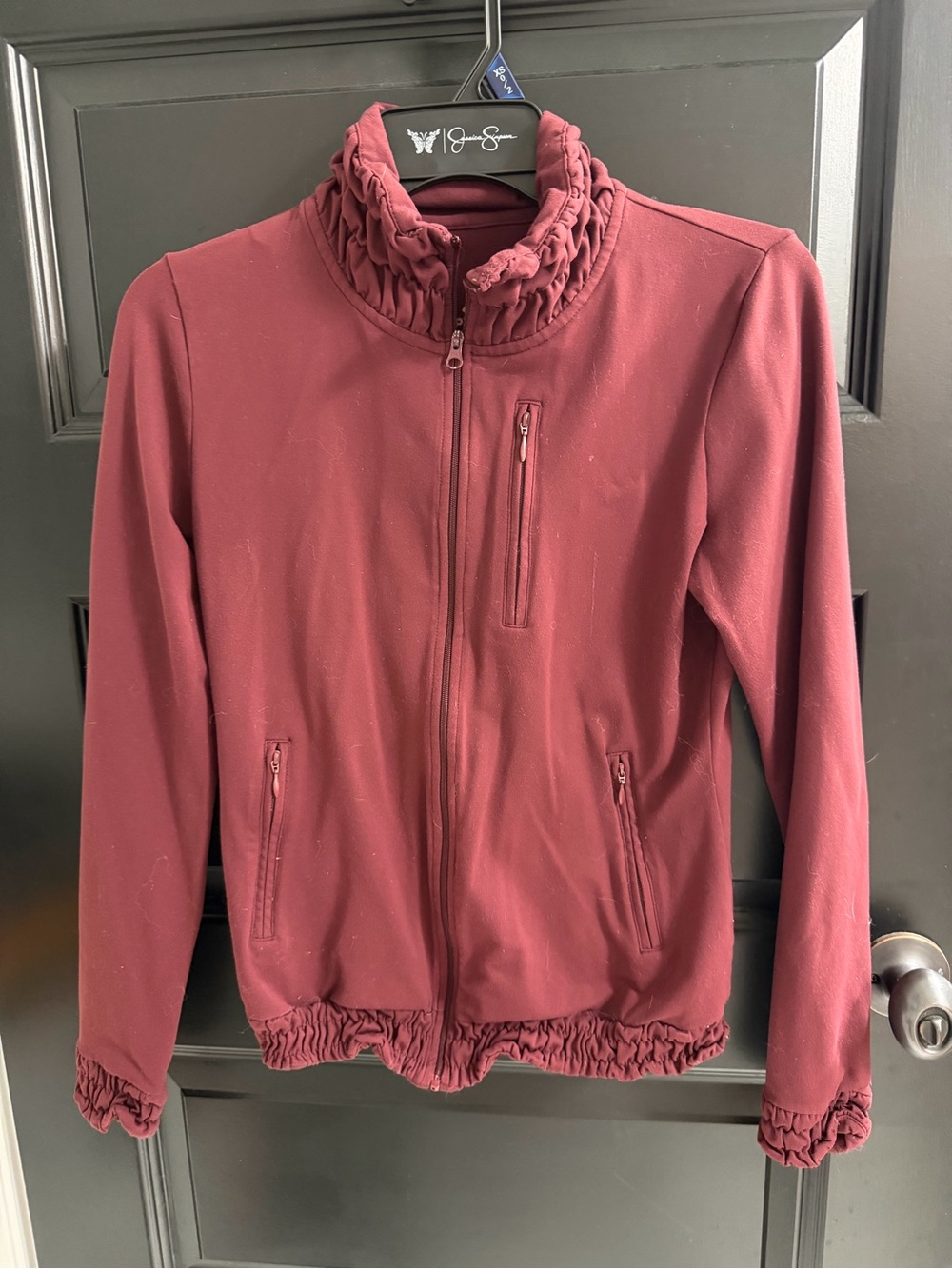 prAna Burgundy Ruffle Full Zip Jacket Size Small Zip Pockets